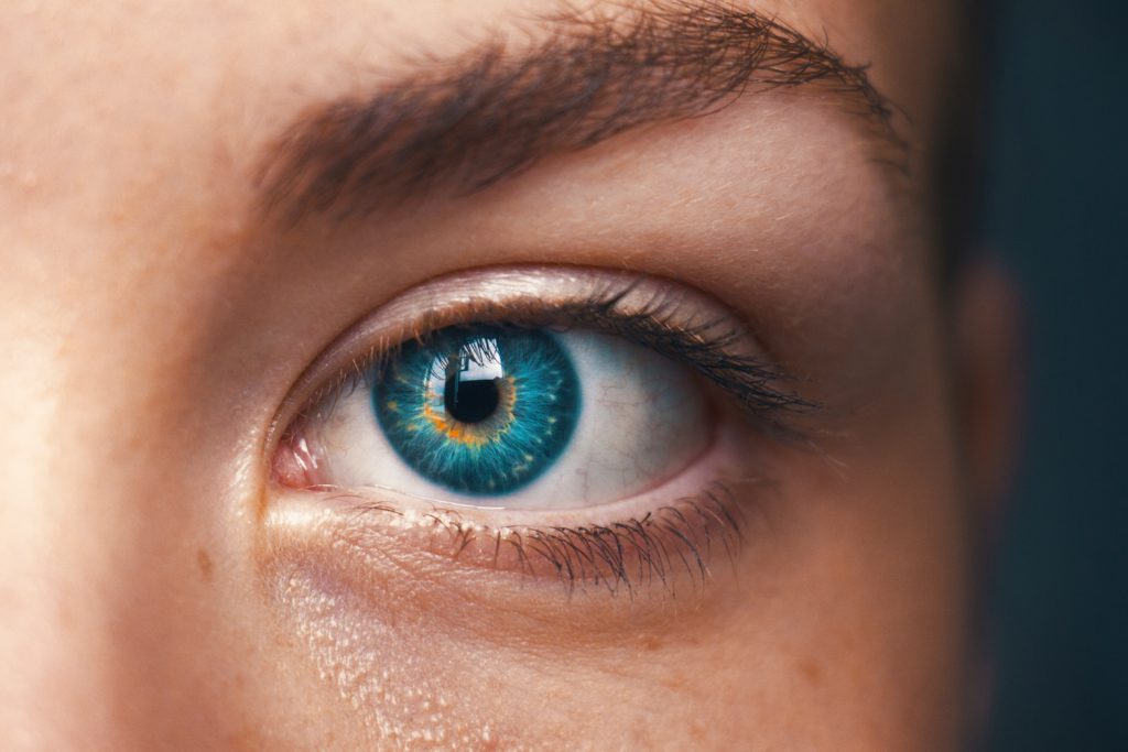 Oeil bleu, longs cils, beaux sourcils