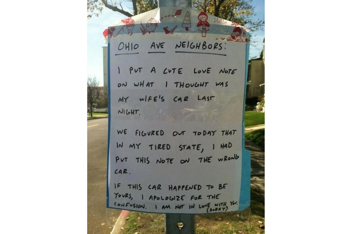 Sign About Love Note on Neighbor's Car