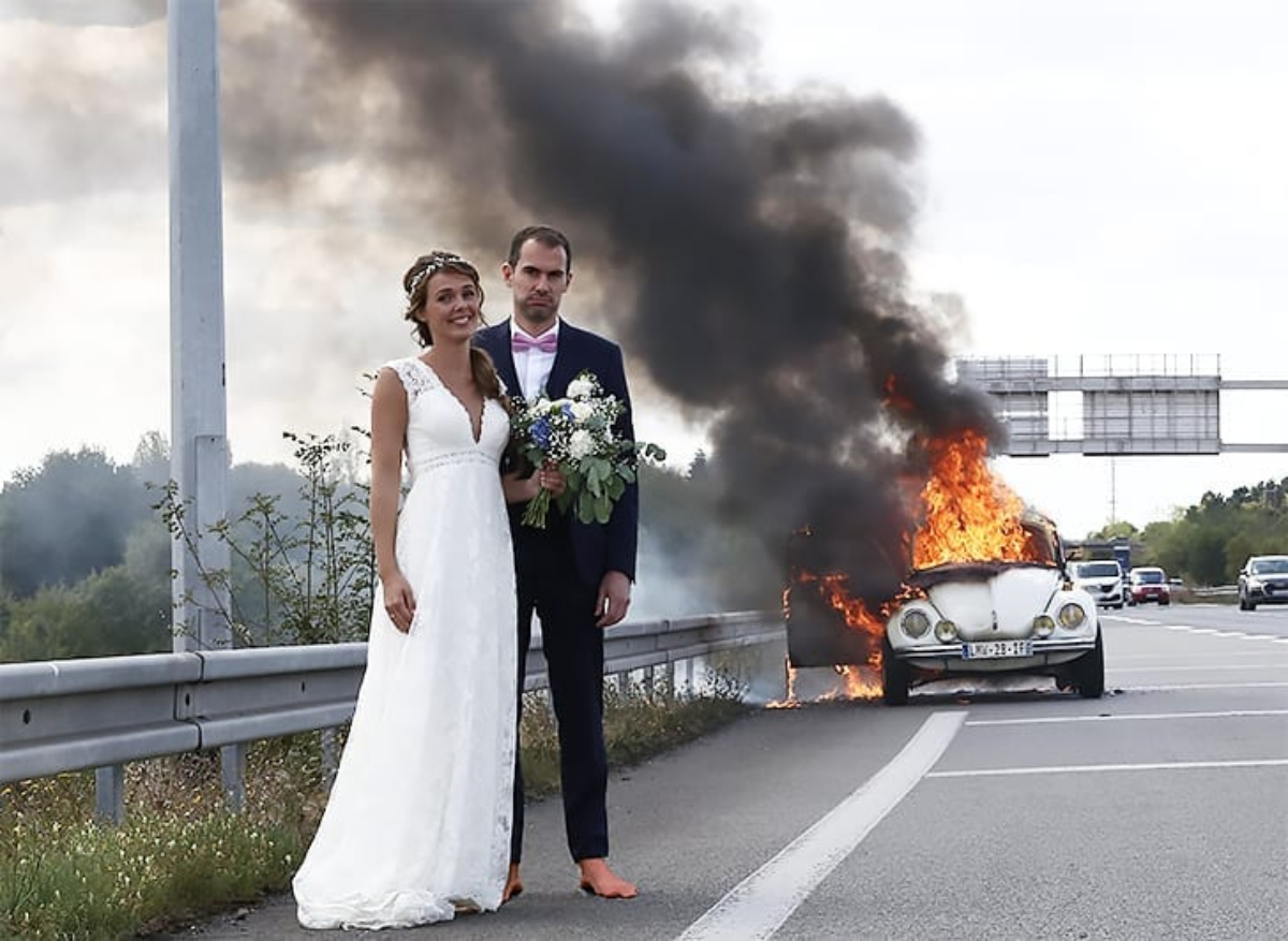 Burning Car Wedding Photo
